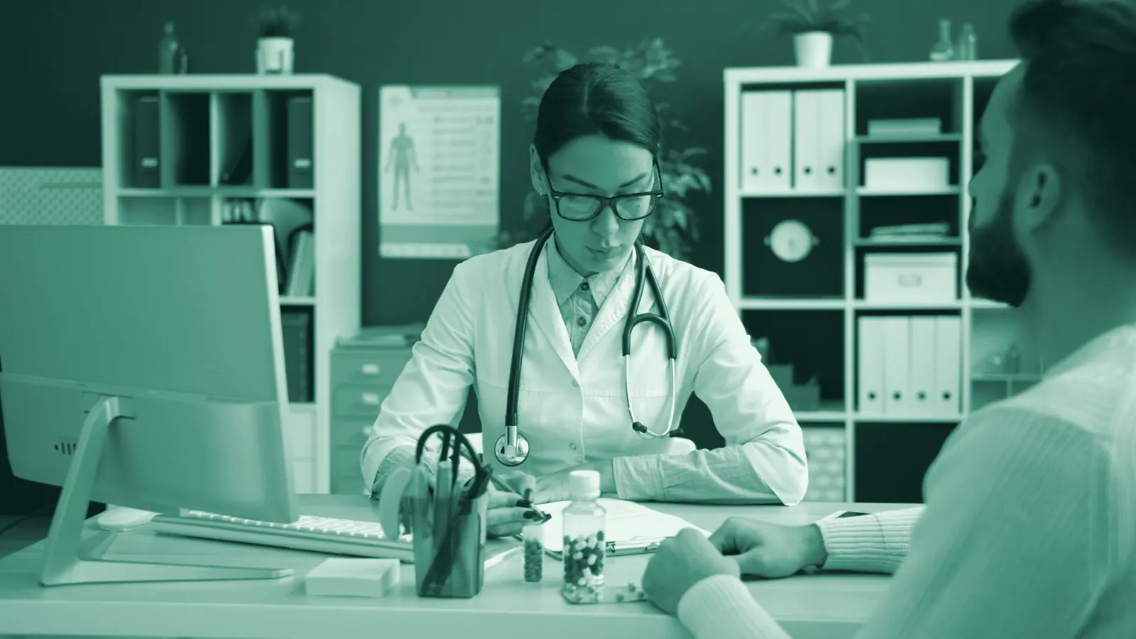 Illustrative photo: a practitioner talking with a client across a desk.