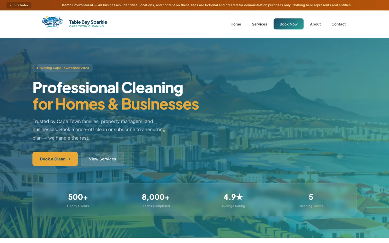 Table Bay Sparkle, a sample cleaning bookings page.